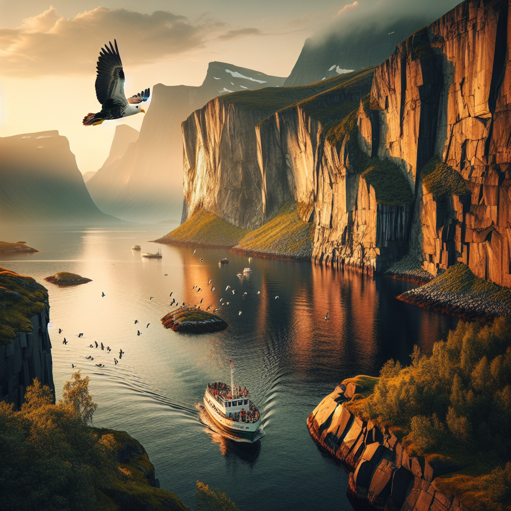A serene Norwegian fjord at golden hour with a small eco-friendly wildlife tour boat, puffins on sea cliffs, distant sea eagle overhead, crisp cool colors, cinematic light