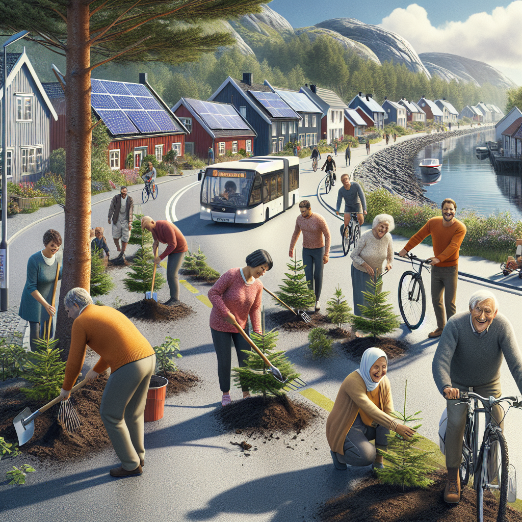 Norwegian coastal village with people planting native trees, solar panels on roofs, cyclists and electric buses on a street, crisp northern daylight, hopeful community atmosphere
