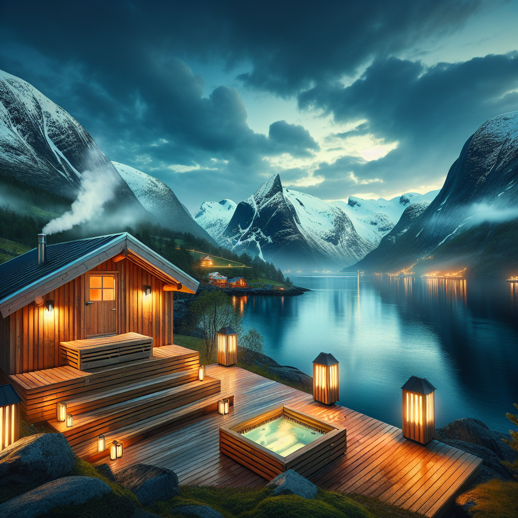 A serene Norwegian fjord-side spa at dusk with an outdoor wooden sauna, steam rising, gentle lights, snow-capped mountains and calm water reflecting the sky, realistic style