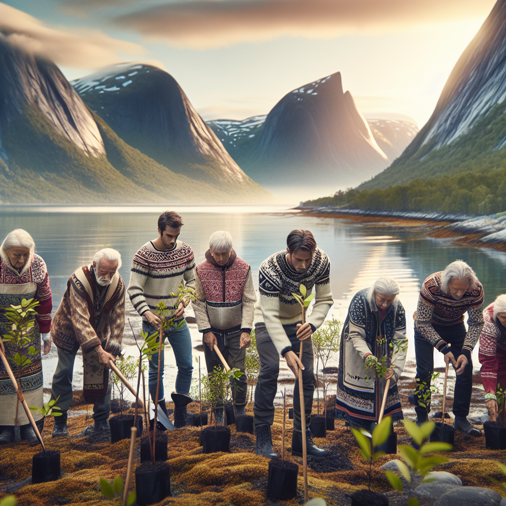 Volunteer group planting native saplings on a Norwegian fjord shoreline with mountains and soft morning light, inclusive community, subtle Sami motifs