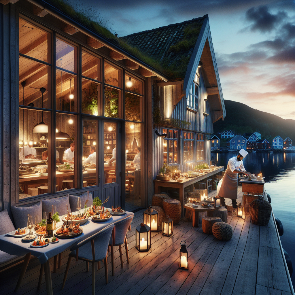 Cozy Norwegian seaside restaurant at dusk with a table of fresh seafood platters, fjord view, soft warm lighting, modern rustic decor, and chefs preparing dishes in the background