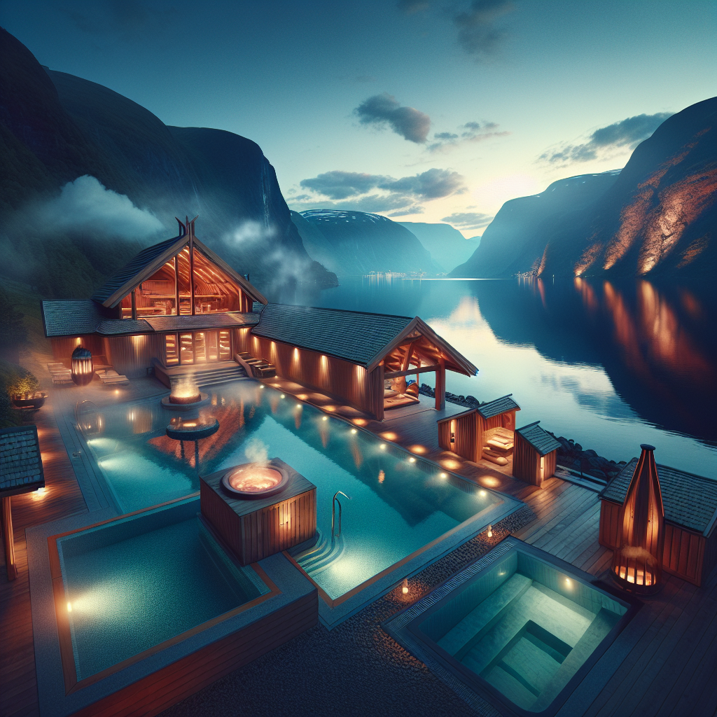 A serene fjord-side spa at dusk with wooden saunas, steaming thermal pools, and a view of calm water and mountains under soft Nordic light