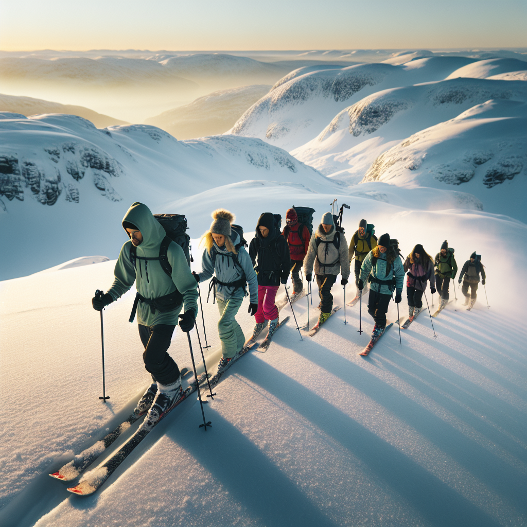 Ski tourers crossing a snow-covered Norwegian mountain ridge at dawn with soft northern light, sustainable gear, clear sky, high-resolution, cinematic composition